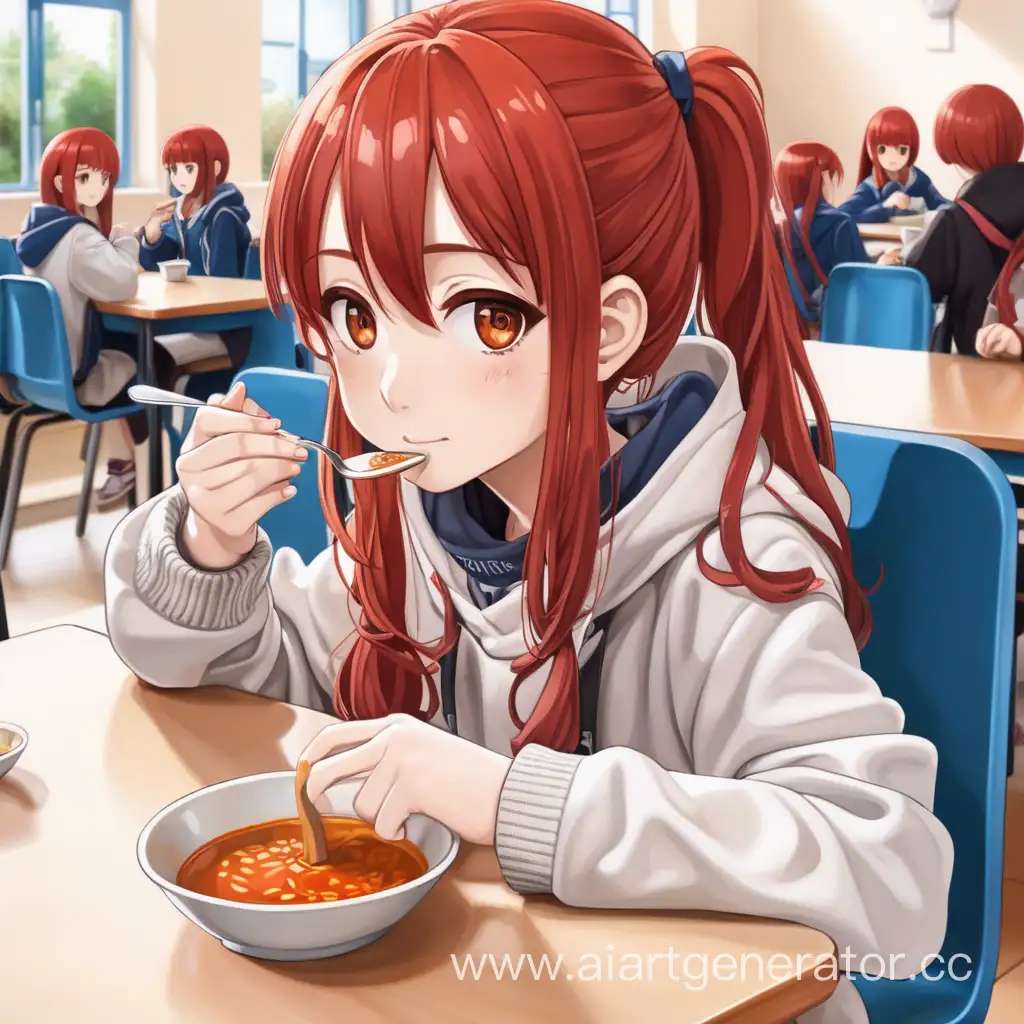 аниме девочка с рыжими волосами и карими глазами сидит в школьной столовой и ест суп