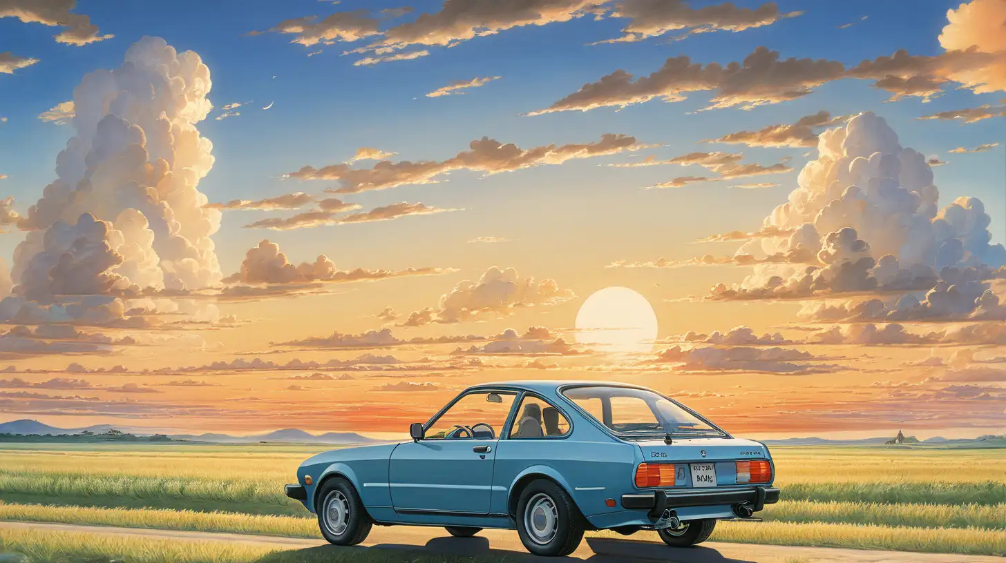 beautiful car in the sky, sunset, Hayao Miyazaki --ar3:2 --niji 5