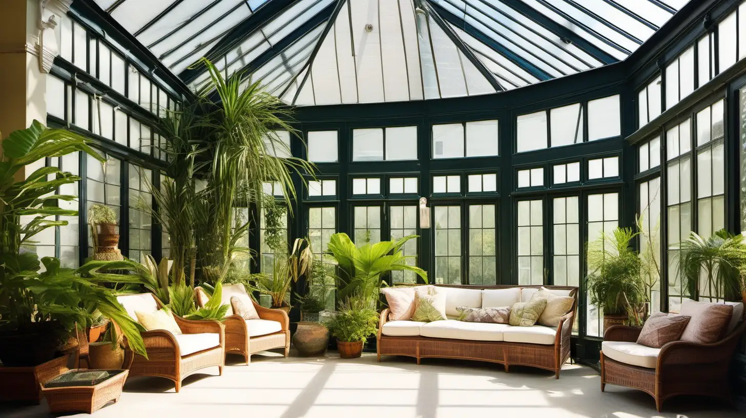 A breathtaking view of a sunlit conservatory with large windows, indoor plants, and comfortable seating.