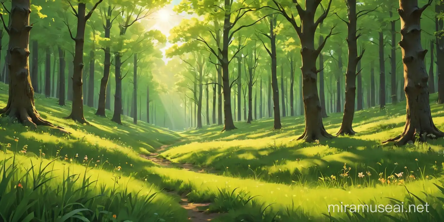 Sunny Day Cartoon Forest Landscape with Green Meadow