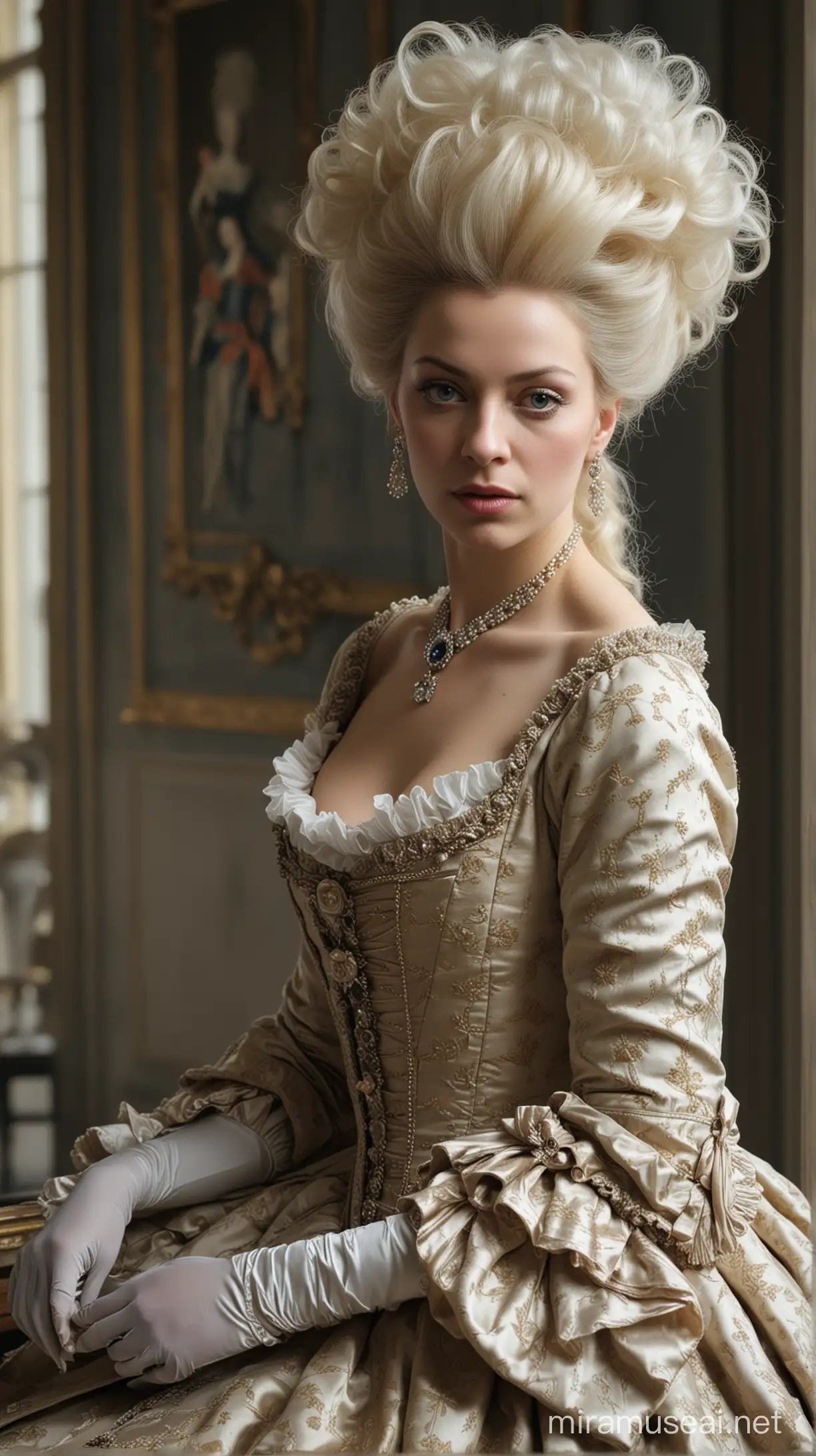 Marie Antoinette's elegant attire and demeanor contrasting with the grim surroundings. hyper realistic