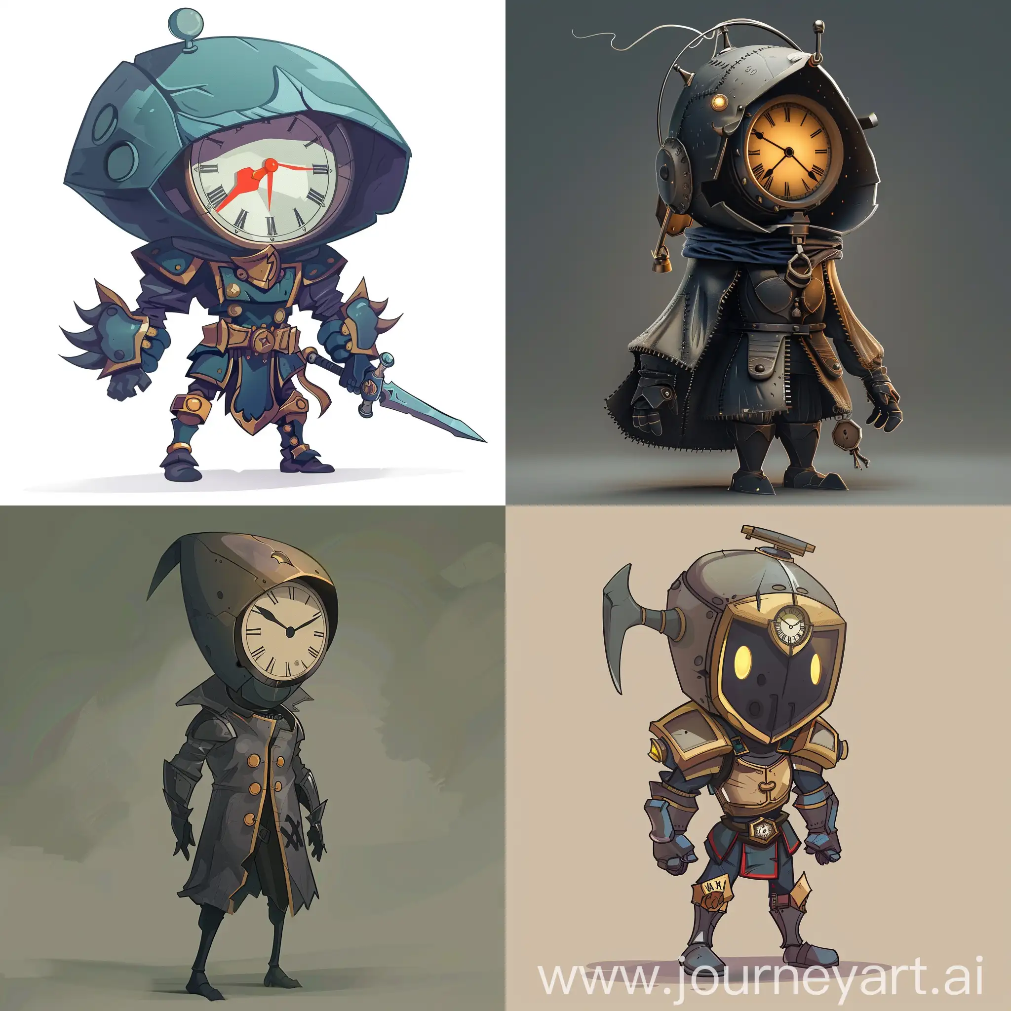 2d game hero character design, with a clock-shaped head, hollow knight style, indie game art style