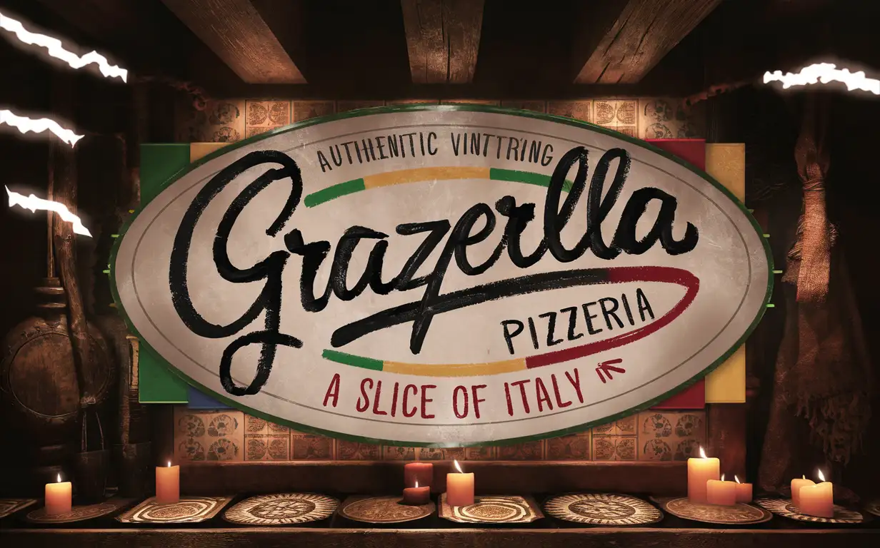 Handwriting Graziella Pizzeria logo, Italian colors, Slogan Quote Slice of Italy, Antique Cozy decoration, Moody lightning, Size Cover for Facebook 