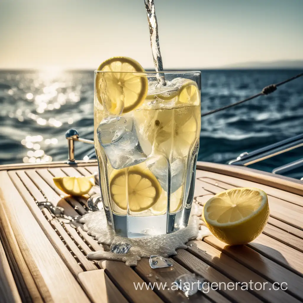Lemonade, as ice cubes gracefully fall into it and water splashes on the table of a yacht overlooking the sea.