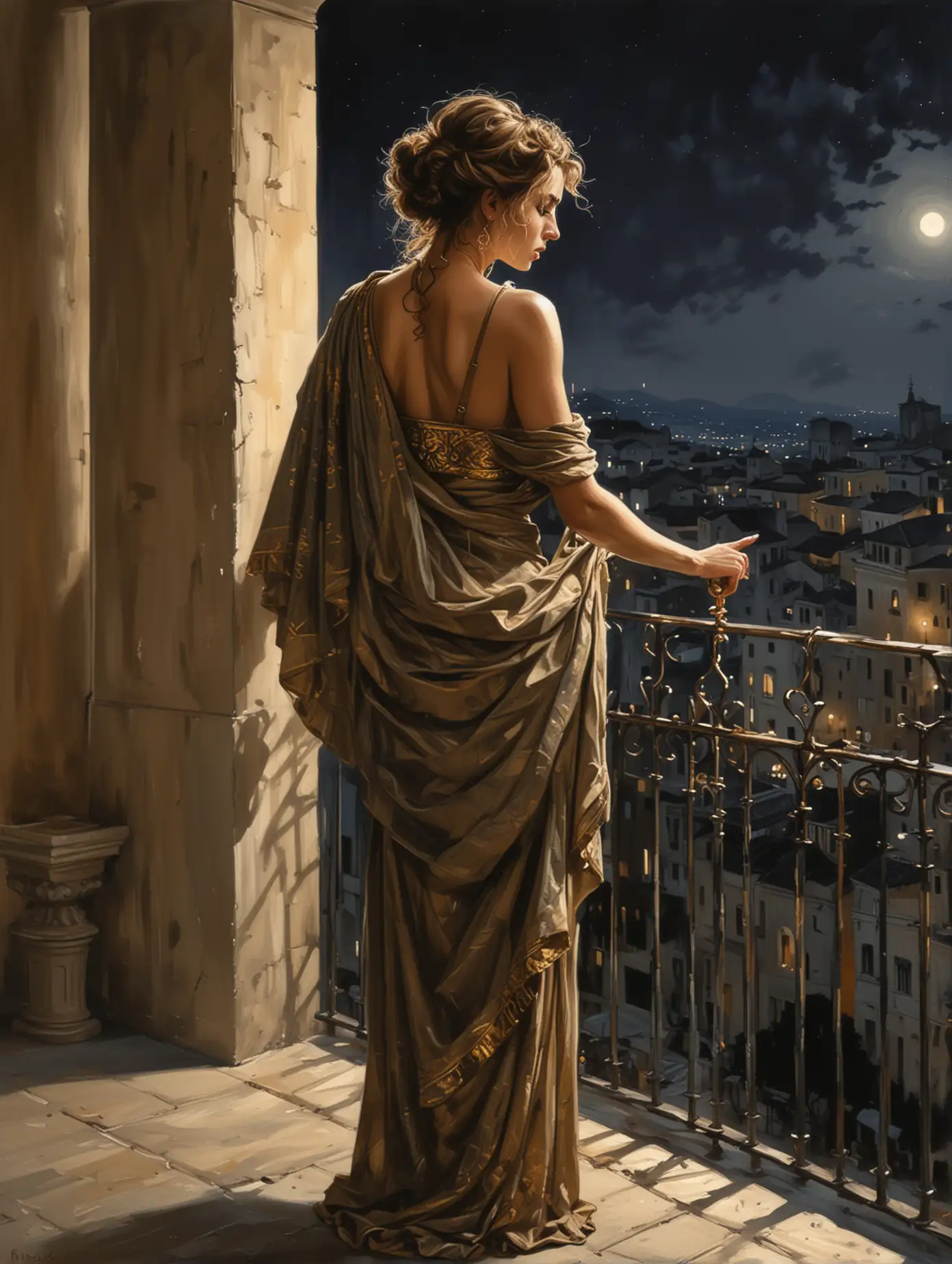 Rome Empire,antiquity,balcony,leaning forward,from back,facing away,from behind,back,backless dress,backless outfit,(ancient dress:1.2),ancient greek clothes,open shoulders,gold laurel wreath,curly hair , Noble lady standing on a balcony overlooking ancient Rome ,  (night scene:1.3) , painting style  (expressionism , jagged lines), painting by (Fabian Perez:1.4)