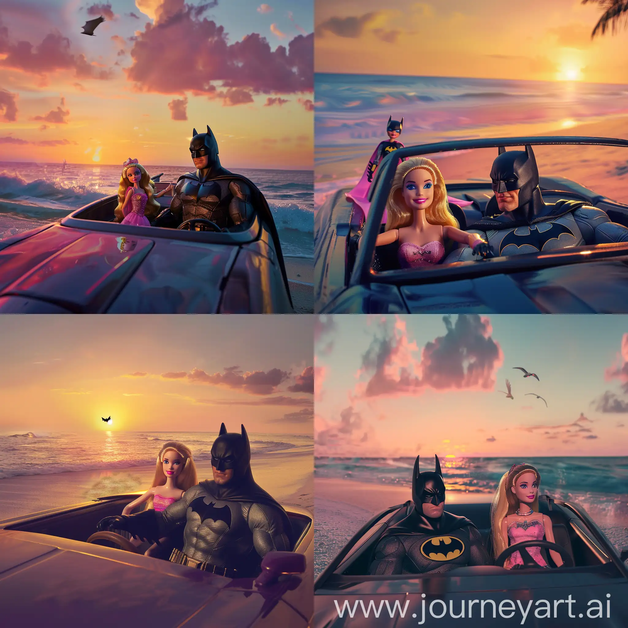 Batman and Barbie in a car on the beach watching the sunset