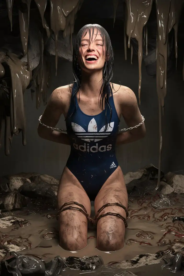 Ultra realistic, photography, 3d ultra realist resolution render, unreal engine render image portrait beautiful cute skinny 22-year-old French woman model with long dirty wet hair, wearing a very dirty   super-high-leg-cut Adidas competition one-piece-swimsuit, her hands tied behind her back with chains, kneeling on floor covered in lots of liquid mud organic trash worms and iron floor. She is painful laughing