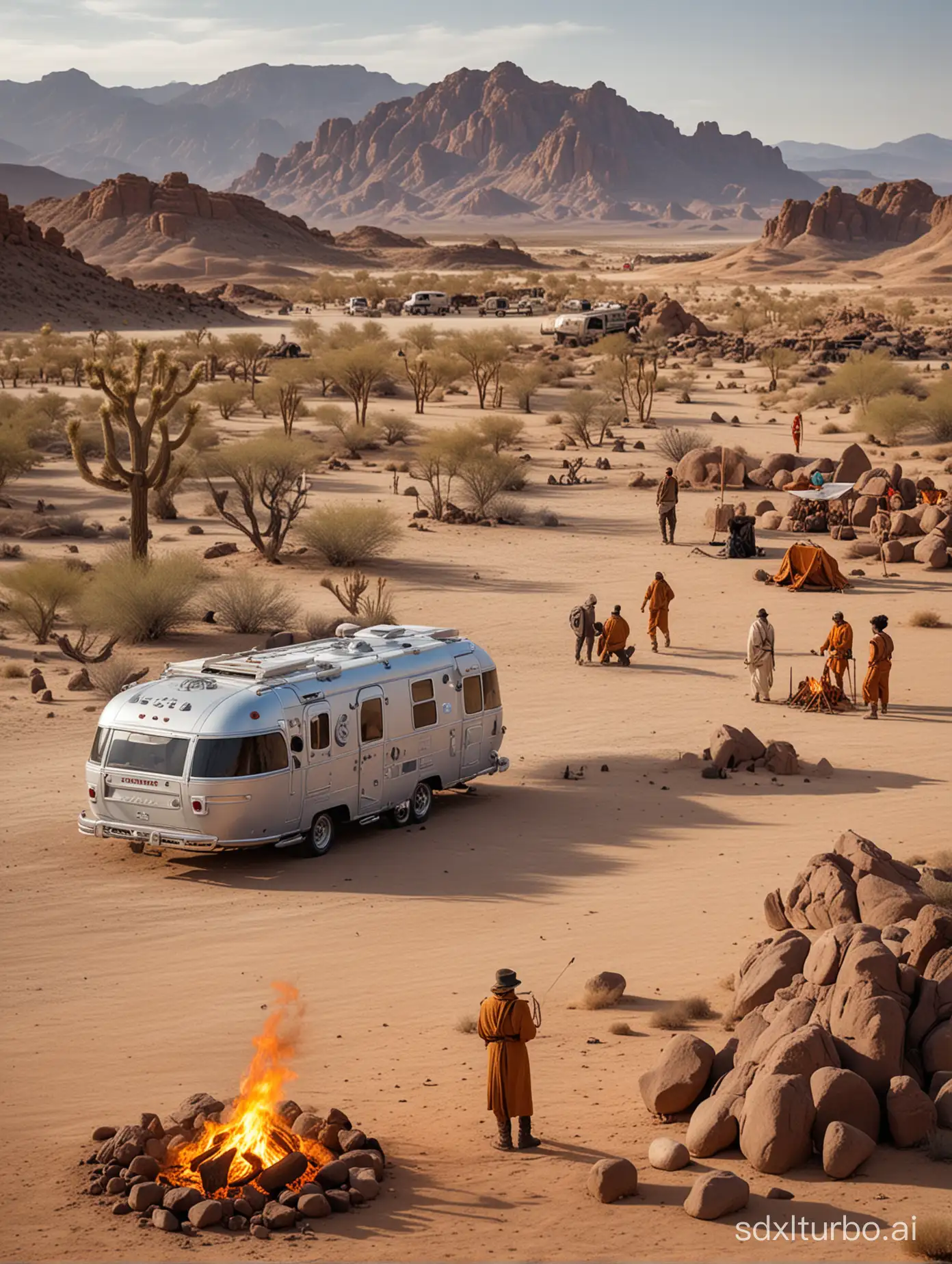 Displaying iconic symbols of the Fire Festival in the gentle expanse of the desert landscape, infused with gray desert tones, highlighting rugged beauty. A few human figures, a camping car, sci-fi styling, emphasizing the spirit of nomadism, nomadic dreams, nomadic life, experiencing the charm of the desert.