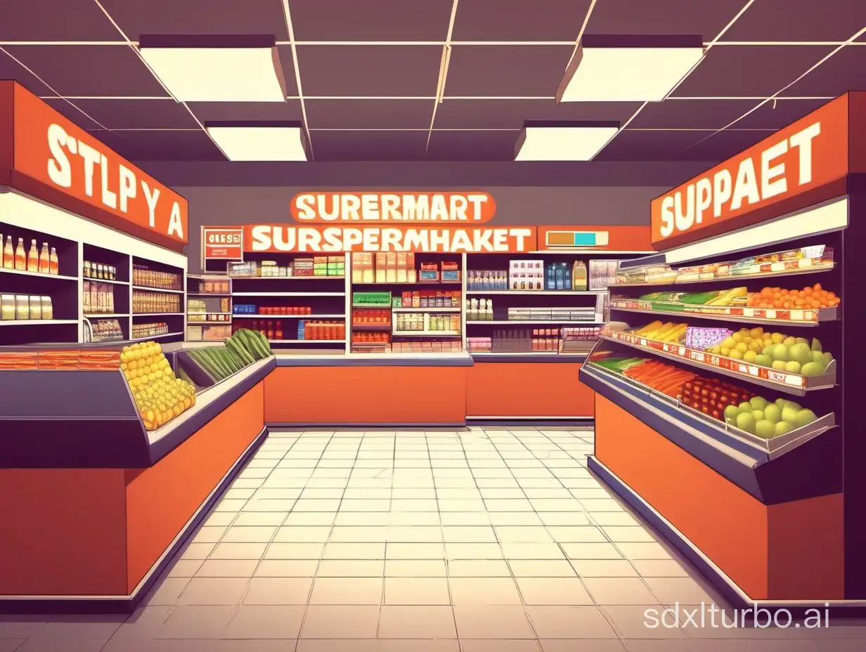 inside a stylized supermarket behind the counter. Orthographic mode