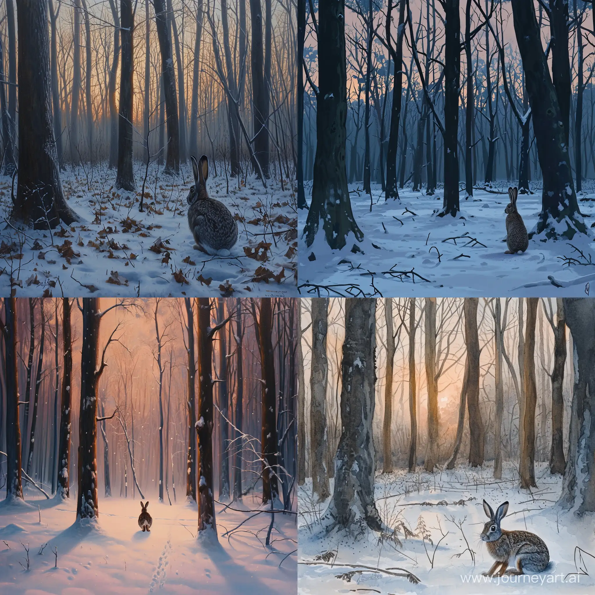 Enchanting-Winter-Dawn-in-the-Forest-with-a-Majestic-Hare