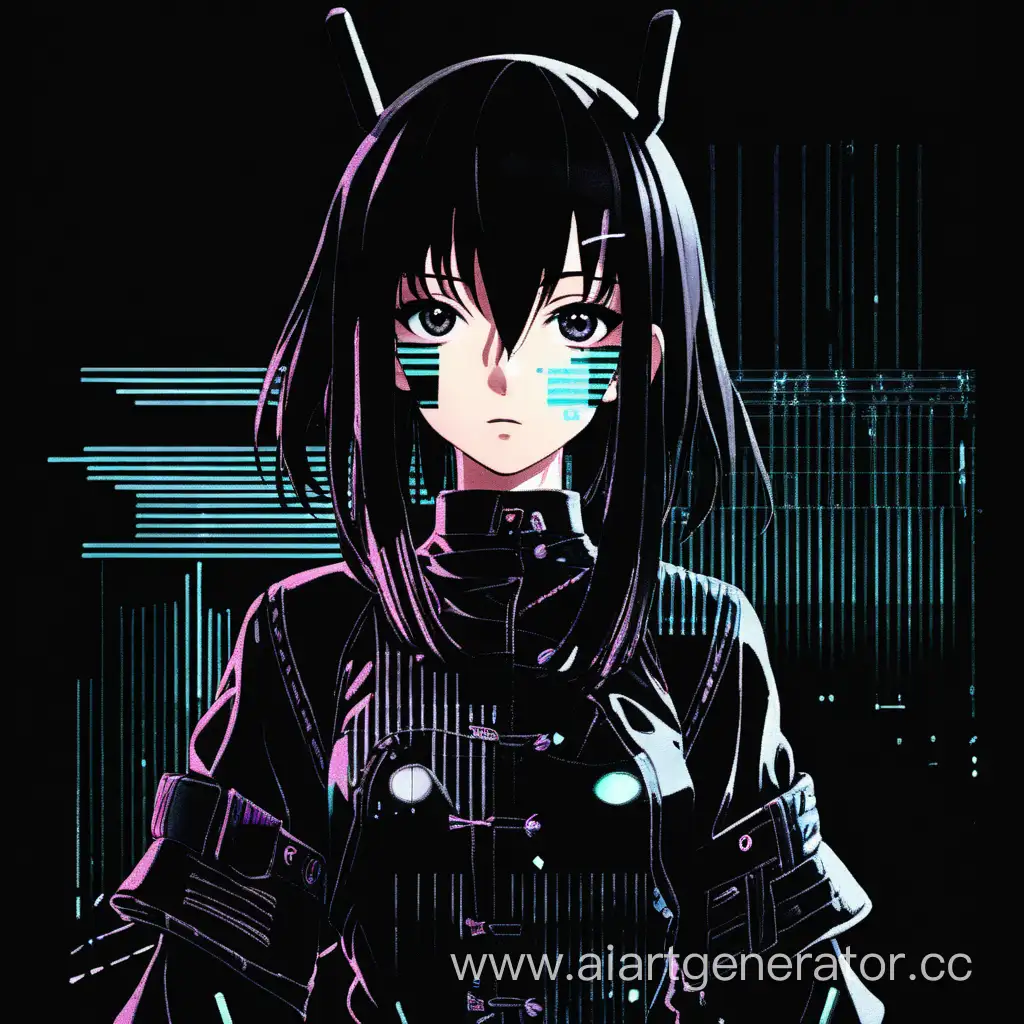 Женский аниме персонаж в чёрном костюме на чёрном фоне с глитчами 