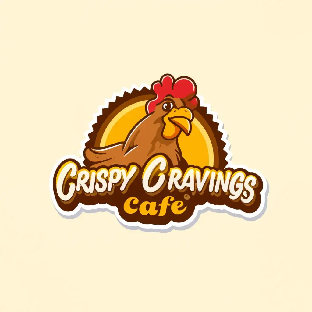 logo, The logo features a cartoon chicken with a golden crispy exterior, surrounded by the restaurant's name in bold, playful font. make sure the spelling is correct , with the text "Crispy Cravings Café", typography