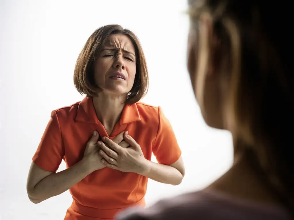 MiddleAged Woman Experiencing Chest Pain in Pastoral Setting