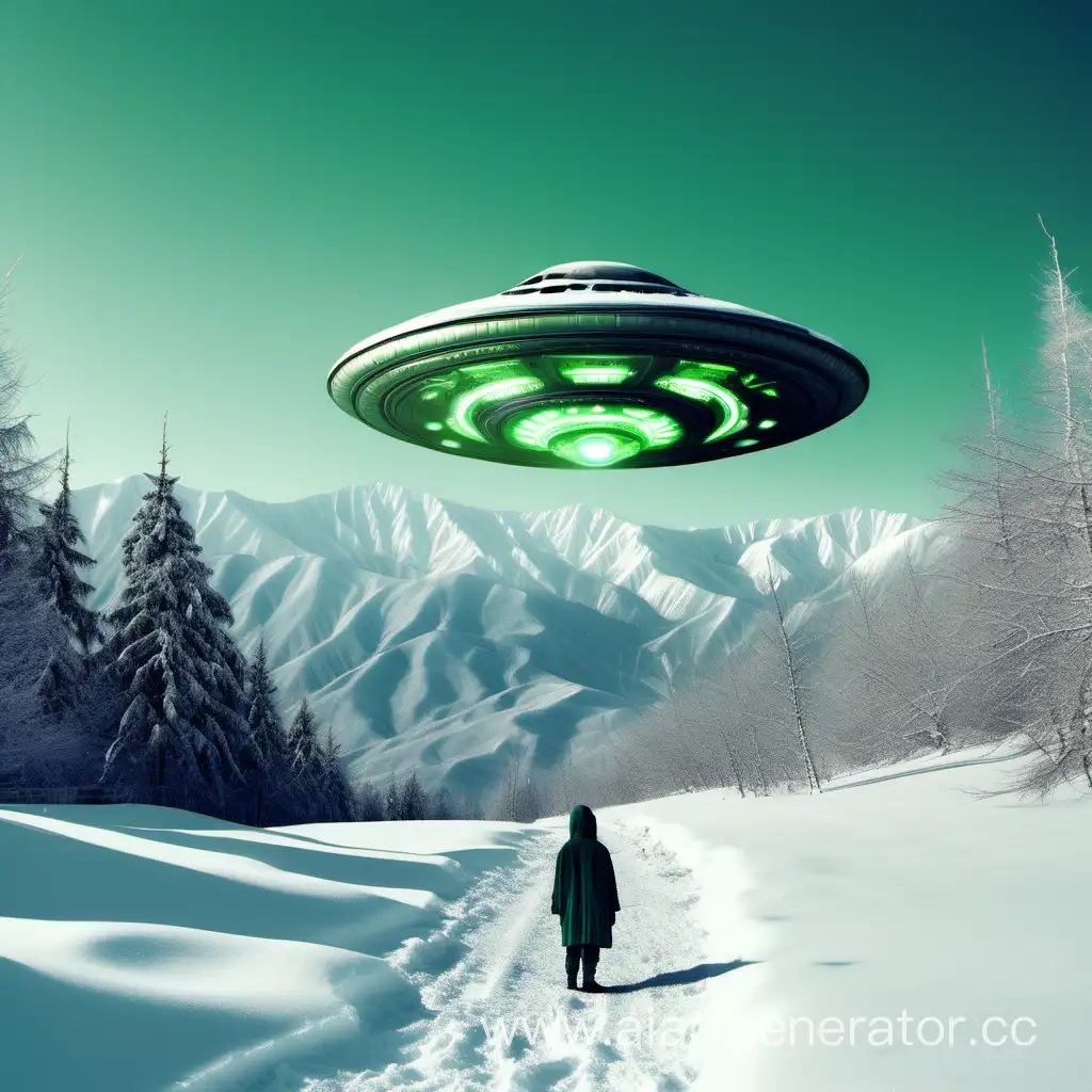 /imagine prompt: A photograph of an alien and a UFO in the snowy mountains of Almaty, Kazakhstan. The alien is green with large eyes, standing near a silver, disc-shaped UFO. Snow-covered peaks in the background, soft daylight. Created Using: digital camera, realism, snowy landscape, extraterrestrial theme, advanced technology, soft shadows, natural color palette, 