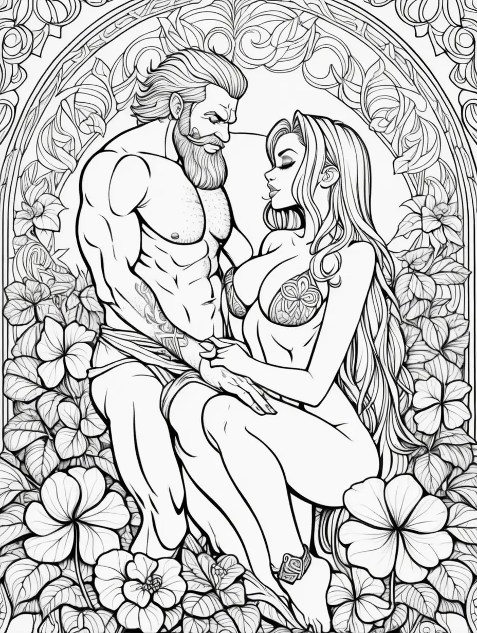 adult coloring page, mandala style, thin lines, high detail, a sexy busty leprechaun female and a shirtless tatooed buff male leprechaun having sex on a bed of clover
