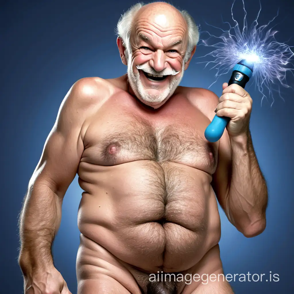 old grandpa on viagra, proud, with a big hard vascular penis, grinning pervert, naked, standing erect, oozing sperm, hairy body, full body, agile, dynamic, fit & strong, shaggy, funky, intense,, holding vibrating bdsm taser baton club, burglar, sex-molester, masked, shaggy prick