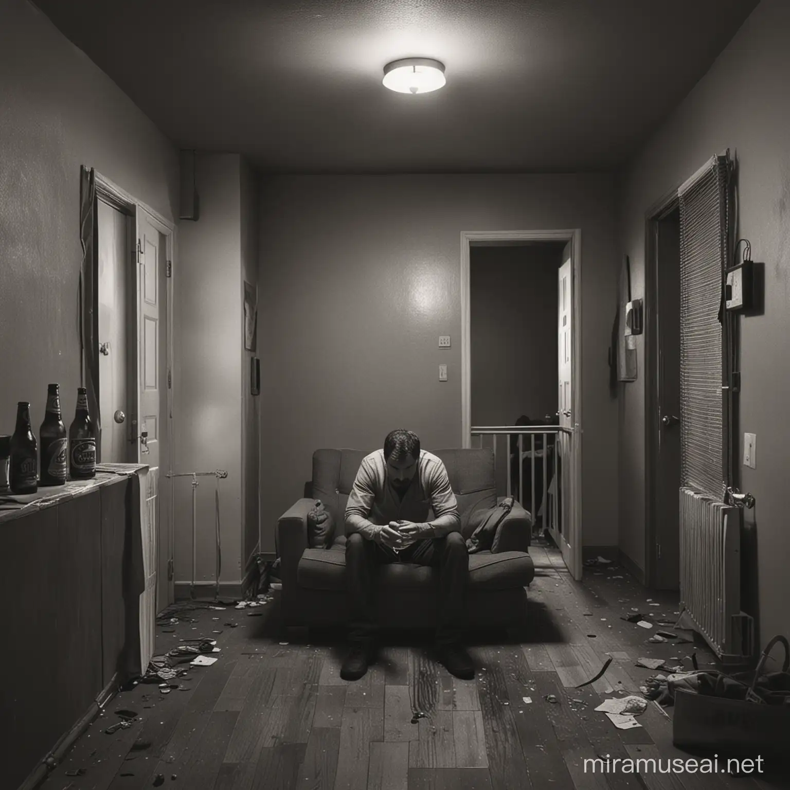 kan du lave et billede, hvor en mand sidder i en grim lejlighed alene med en øl i hånden, men hvor han har gjordet klar til en anden, men han kom aldrig, så han er derfor lidt ked af det?
