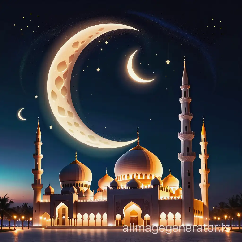 Crescent moon and mosque in Ramadan night