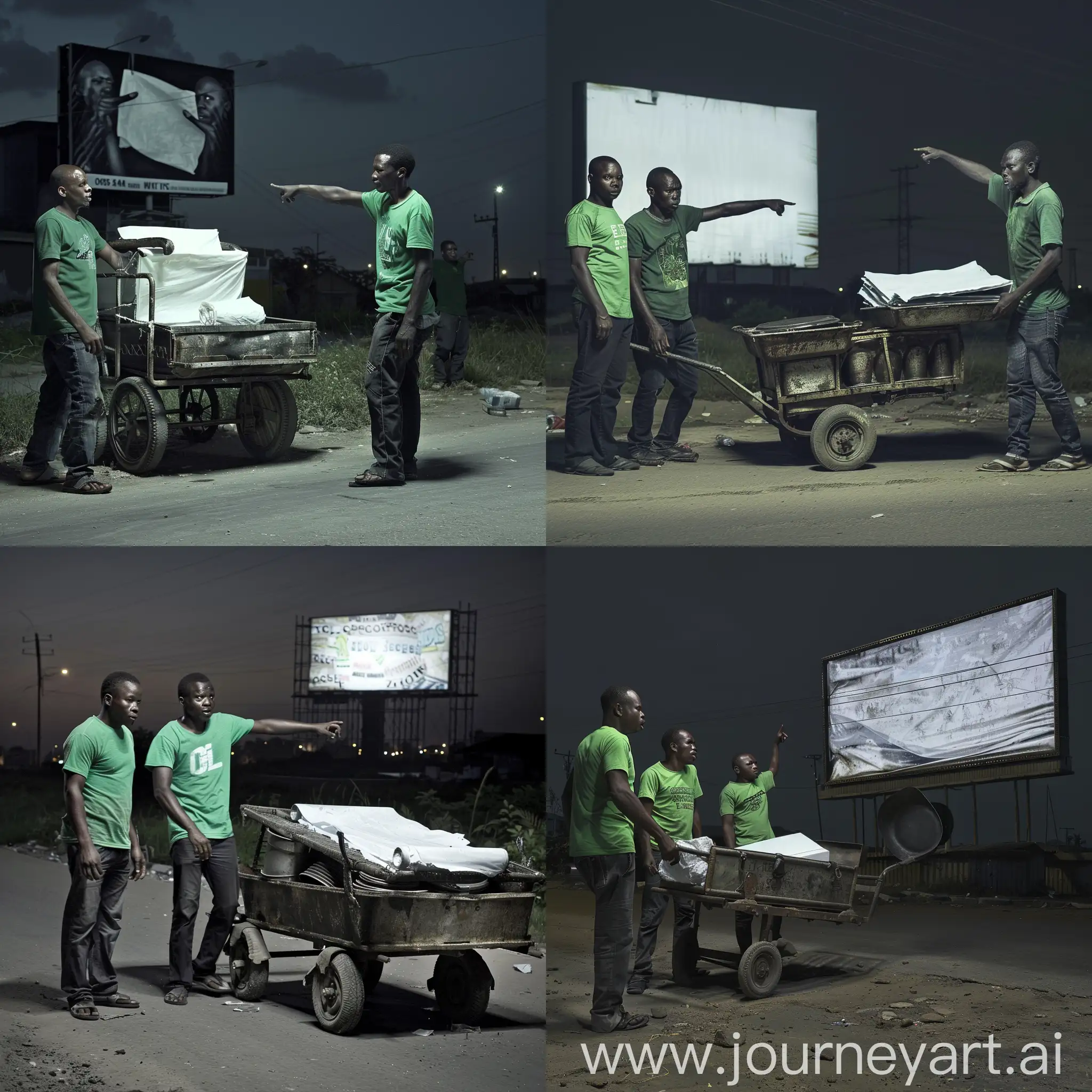 Create a night-time image of a rough-looking Nigerian pushtruck man. He is pushing a rickety cart on a Nigerian street. The cart is made of iron pans, inside the cart is one folded white flex material. Two men wearing identical green tshirts and black jeans trousers stand by the side of the pushtruck man.  One of them points to their front. In the background is a billboard, empty and devoid of its flex material.
