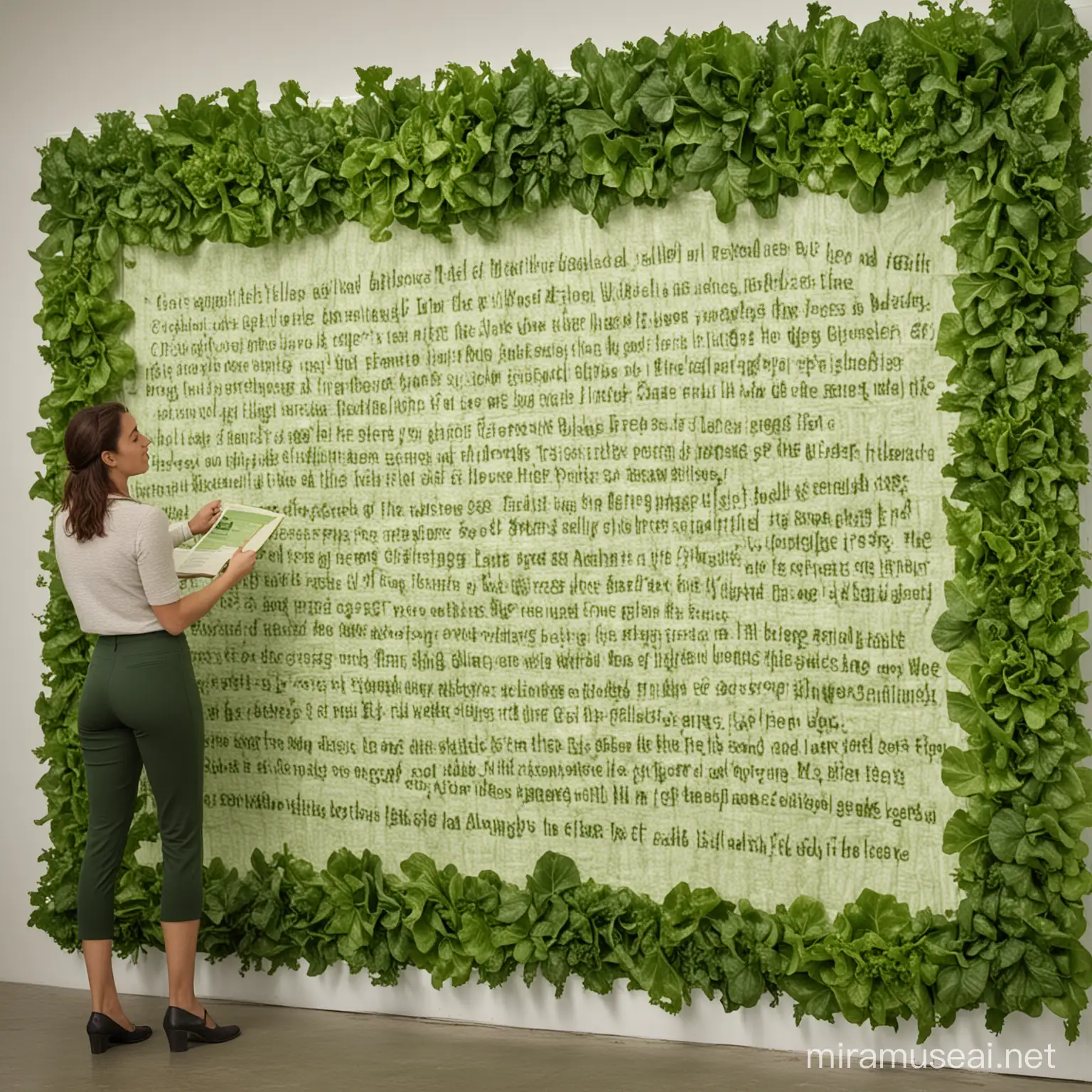 une femme regarde et lit le texte sur un grand tableau. le texte est entièrement constitué de feuilles de salade. la femme est debout et regarde la caméra.