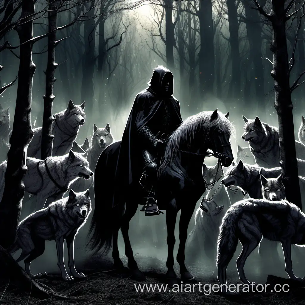 Всадник-мужчина, в черной одежде, в черной мантии, на черном коне, стоит в чаще темного леса, его окружают волки, но смотрят на девушку, со светлыми волосами, стоящую на коленях