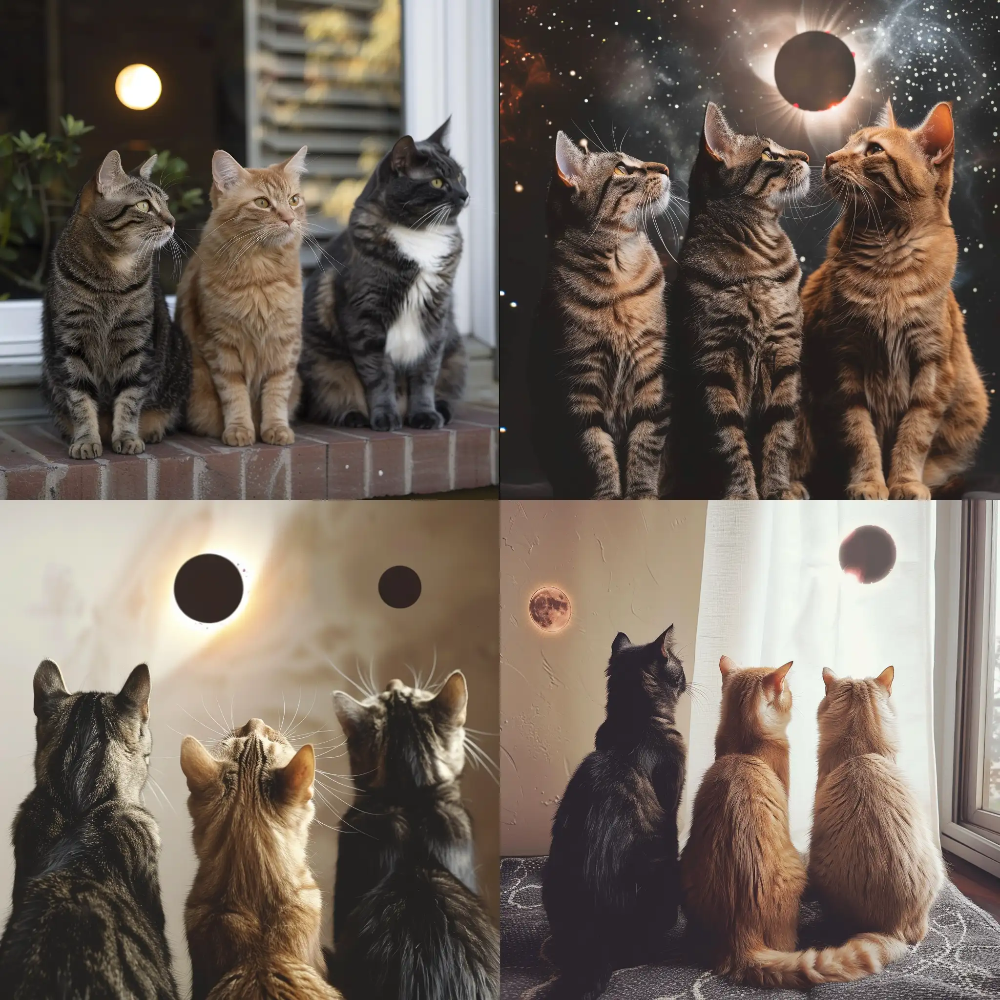 three cats watching the total eclipse
