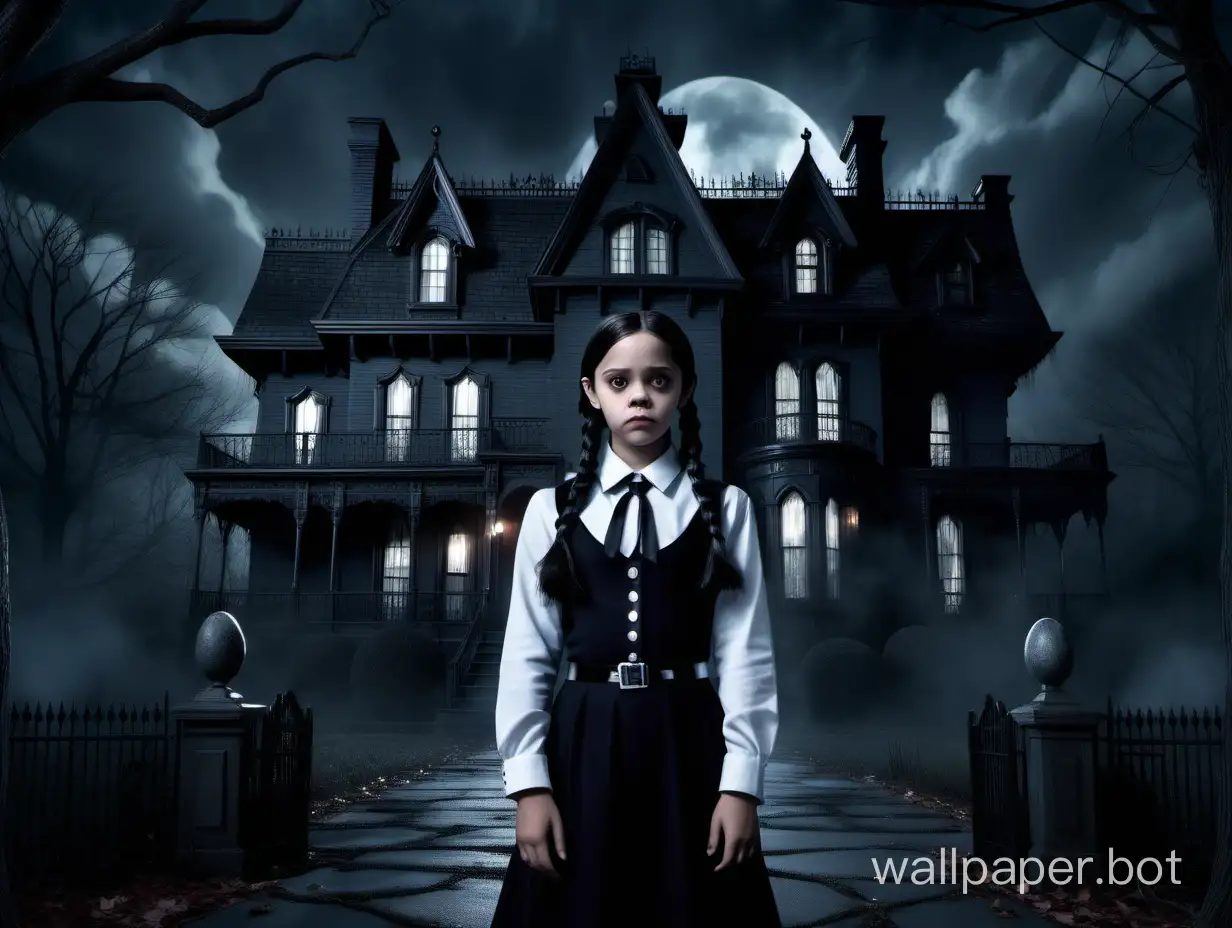Jenna Ortega in character as Wednesday Addams, full body view, standing in front of the eerie Addams family mansion, gloomy night skies, realistic detail, sharp image.