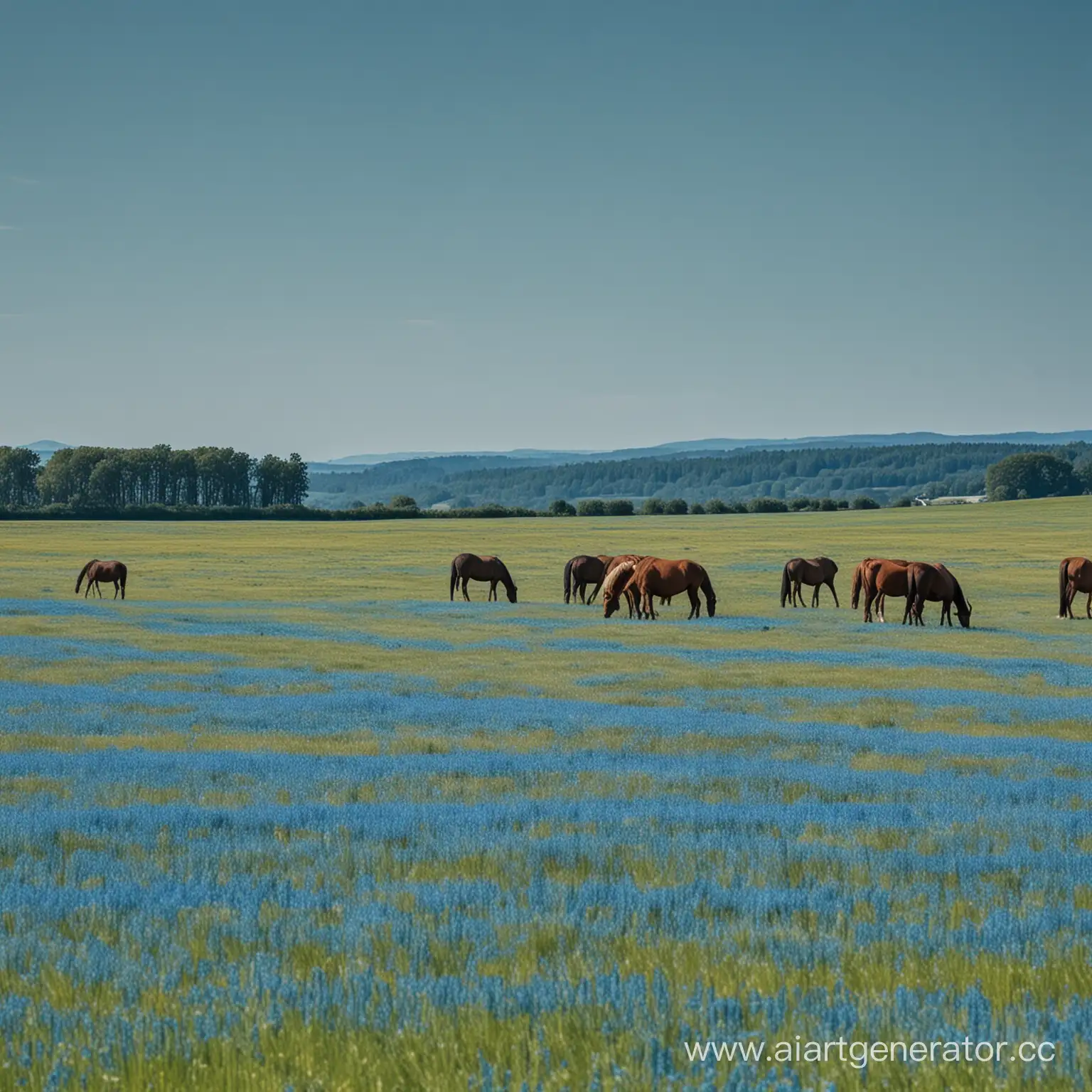 кони вдалеке пасутся на большом синем поле