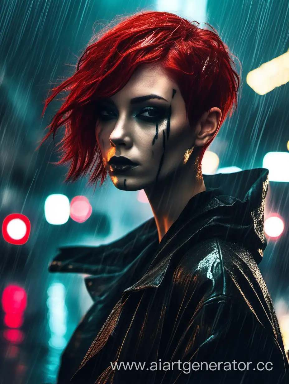 A girl with short red hair, dark makeup and black clothes smokes in the pouring rain 
Cyberpunk style
