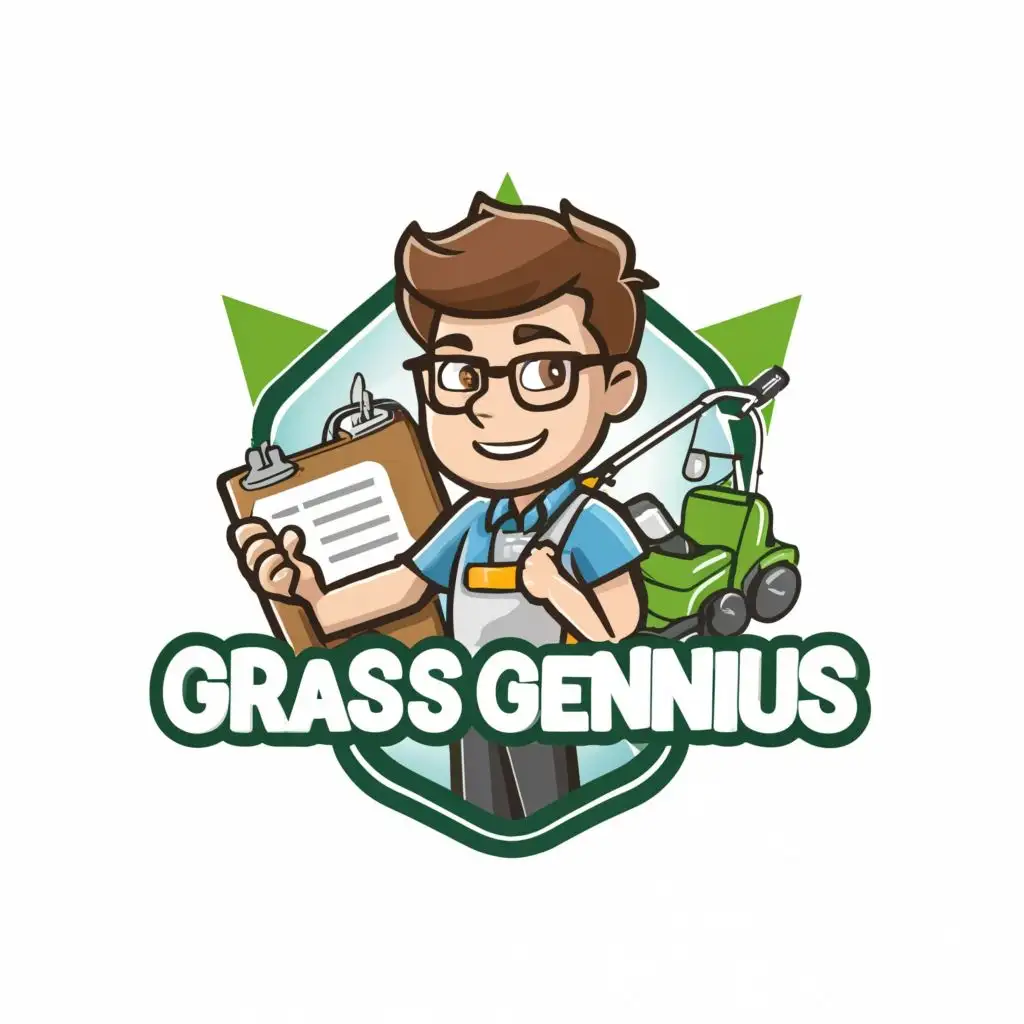 logo, A nerd with clipboard and lawnmower, with the text "Grass Genius", typography