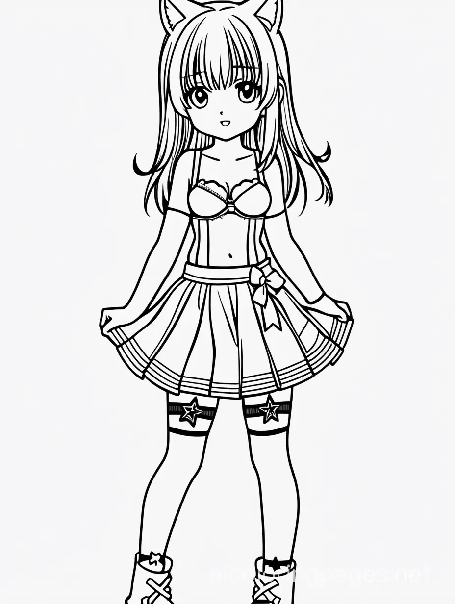neko girl short plaid skirt and bra knee high stockings star on left cheek, Coloring Page, black and white, line art, white background, Simplicity, Ample White Space. The background of the coloring page is plain white to make it easy for young children to color within the lines. The outlines of all the subjects are easy to distinguish, making it simple for kids to color without too much difficulty