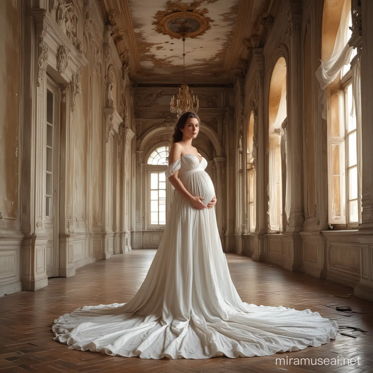 a beautiful pregnant woman in a white dress from the romantic era posing full length in the middle of a room in a half-abandoned baroque palace, with the train of the dress rising from the wind that comes through the windows, hyper-realistic style
