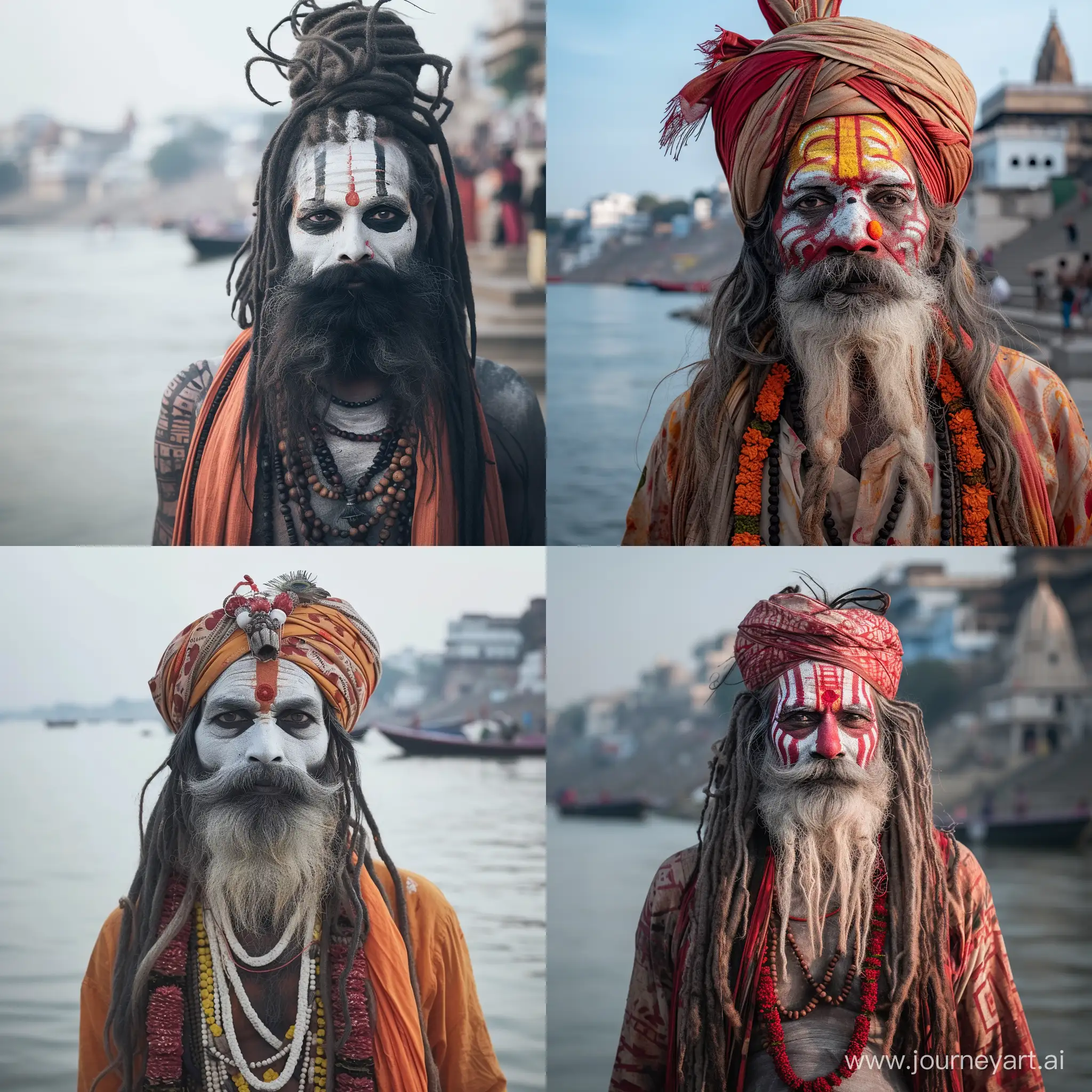 Naga sadhu  painted face portait is standing at the ganges in varanasi    fotorealistisch 50 mm lens fuji xt5