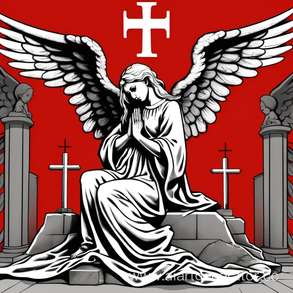 Мультяшный ангел сидит и плачет на фоне красного знамени свастического креста
