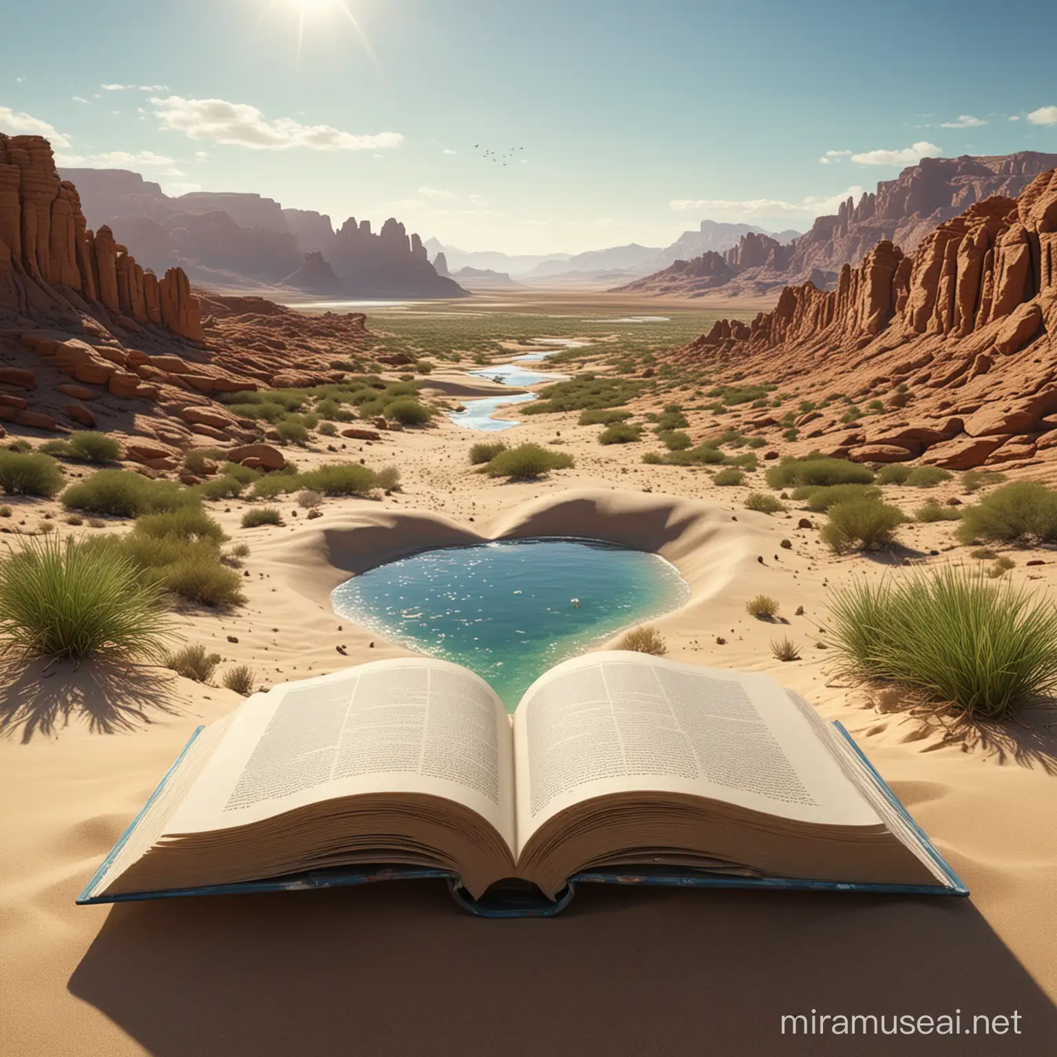 Create a hyper-realistic image of an open hardcover book set against a desert background. The pages of the book should appear to be magically transforming into a three-dimensional landscape. The heart-shaped inner contour of the pages reveals a serene oasis scene with a clear blue sky, an inviting lagoon at the center, surrounded by tall cliffs. The landscape flows seamlessly from the pages, with a mountain range in the distance under a tranquil sky. In the foreground, the oasis is lively with small signs of life, such as lush green grass patches and fish in the water. The book's pages are worn, suggesting age and wisdom. Shadows and highlights are well-defined, indicating a bright light source from the upper right, casting a gentle shadow of the book on the sand, 32k render, hyperrealistic, detailled.