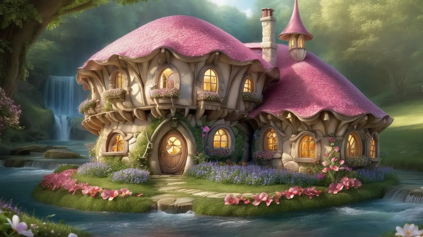 Enchanting Fairy Flower Houses Surrounded by Magical Stream
