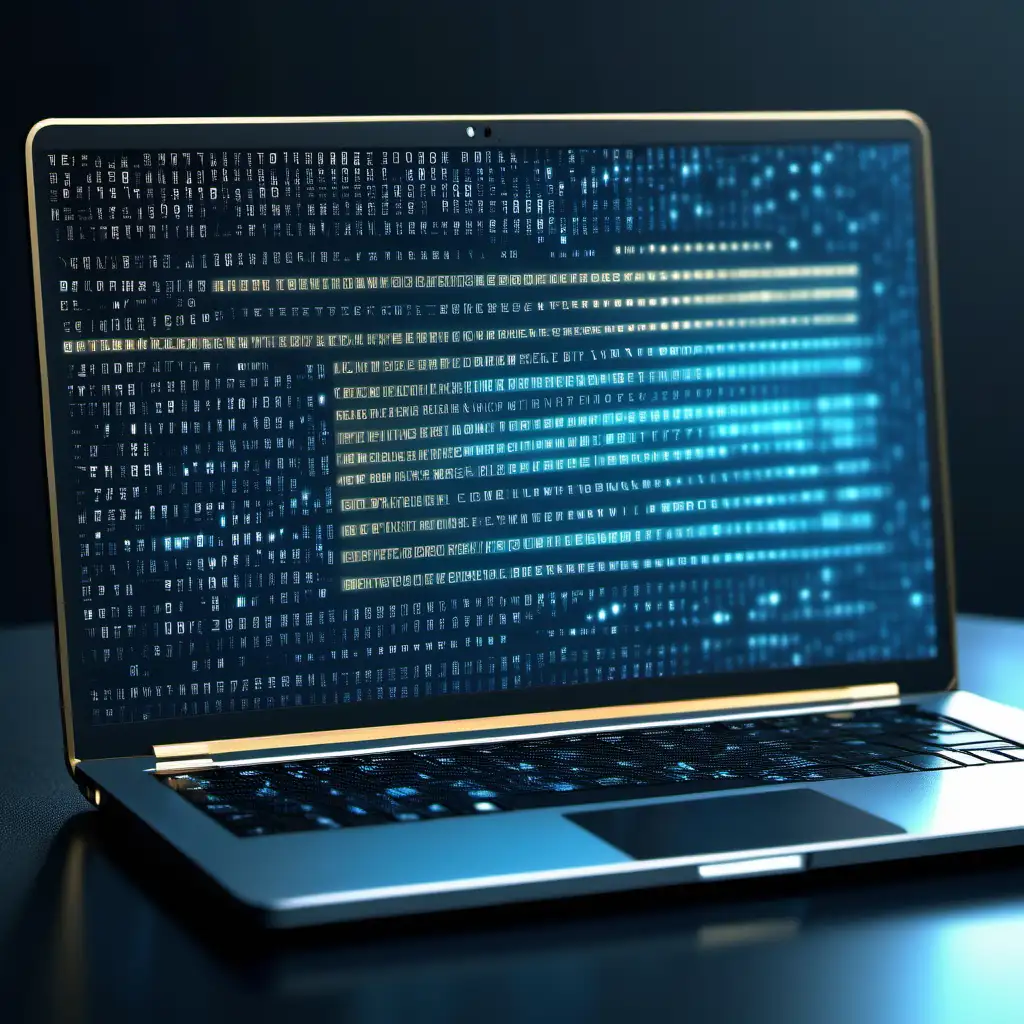 Code on a laptop screen.
Futuristic style, gold, silver and metallic blue shades
