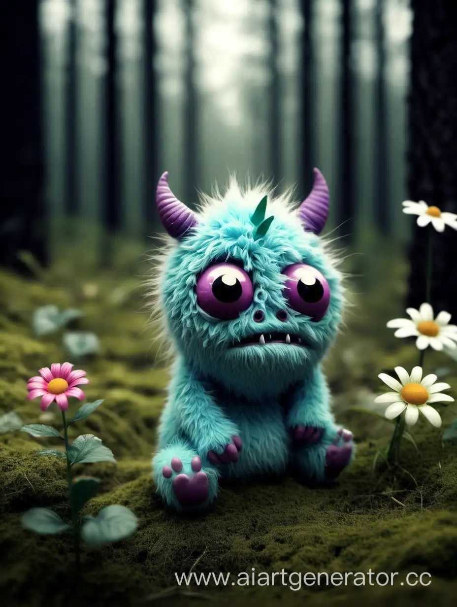 Cute-Sad-Little-Monster-in-a-Enchanted-Forest-with-Flowers-and-Animals