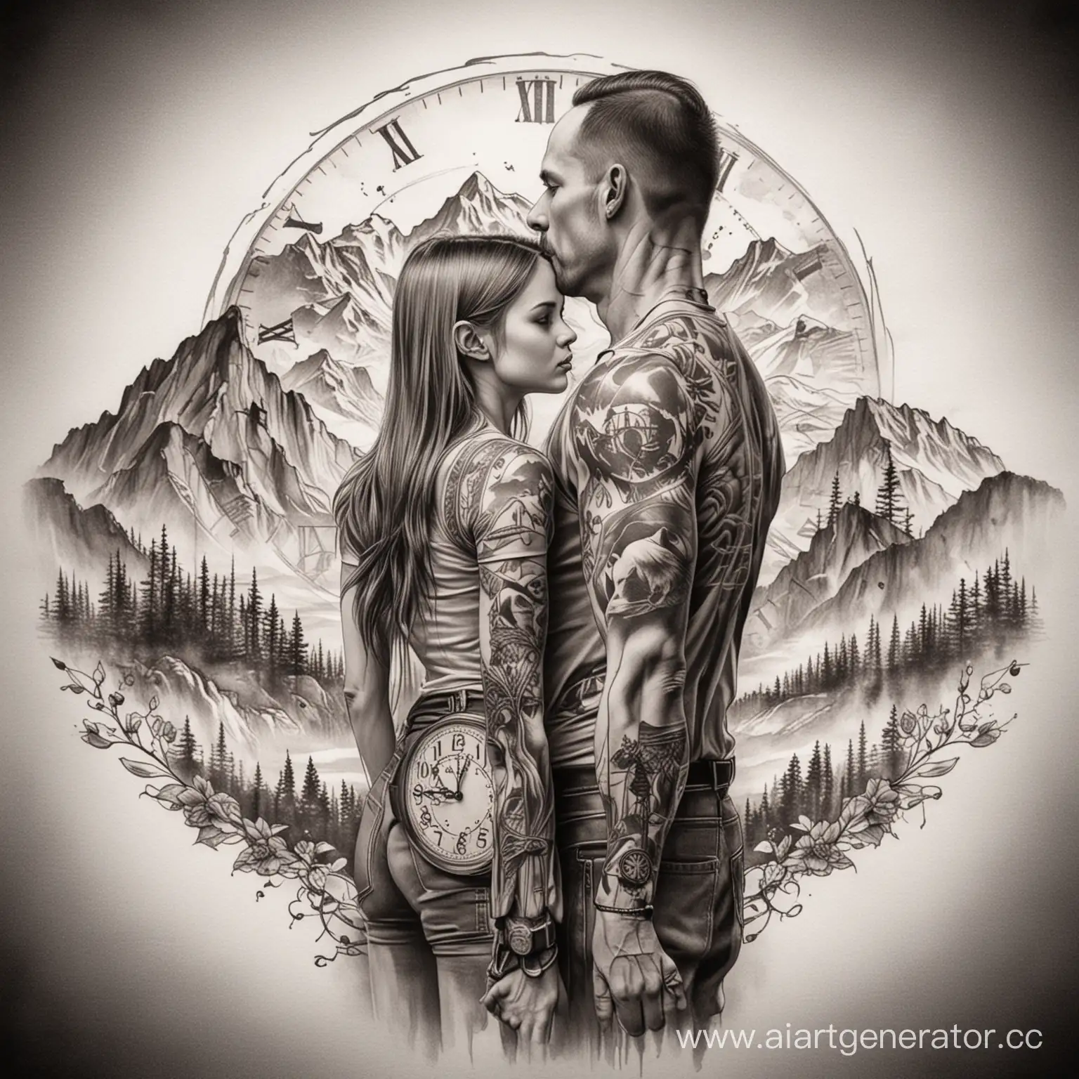 Father-and-Daughter-Clock-and-Mountain-Tattoo-Sketch