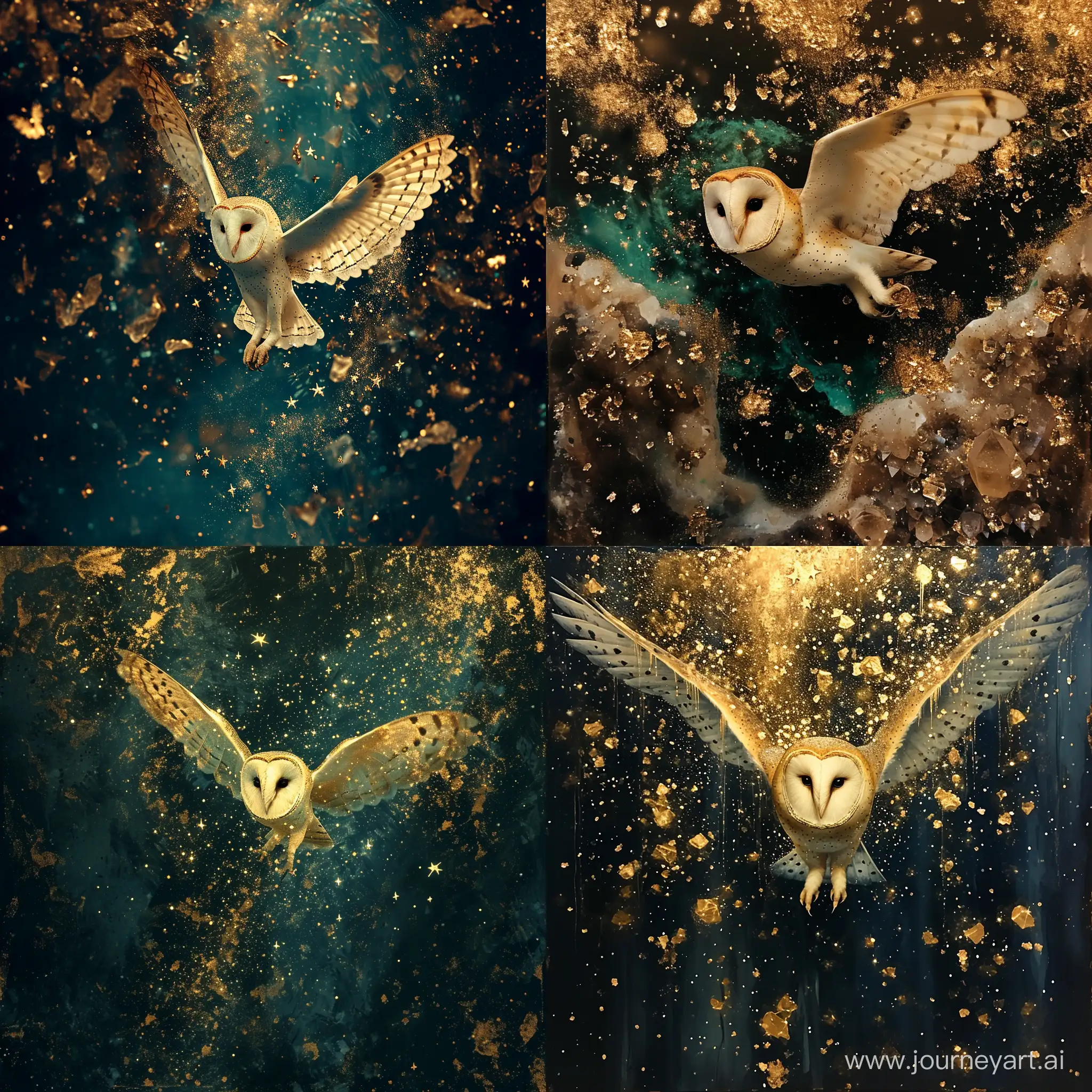 an image of an owl flying down some stars, in the style of dark gold and dark azure, bio-art, furaffinity, made of crystals, dark turquoise and light gold, i can't believe how beautiful this is, depictions of animals