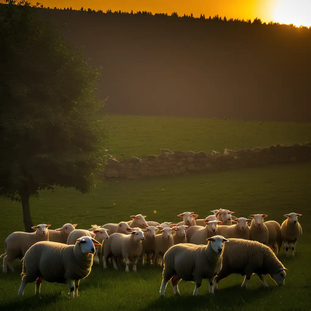 Rural Sunset with Grazing Livestock and Abundant Greenery