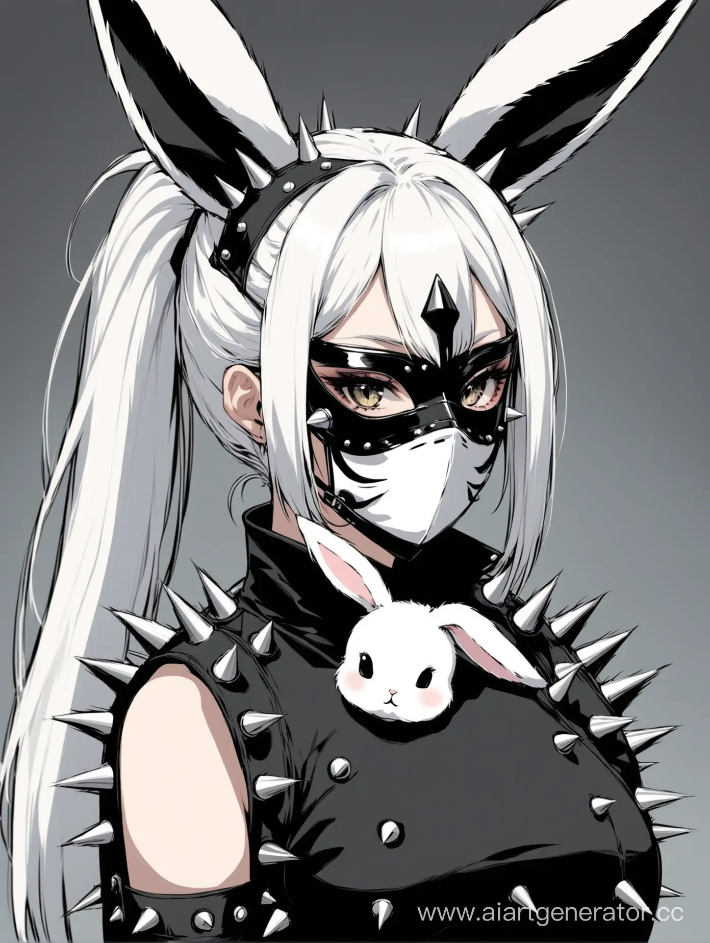 девушка с белыми волосами в хвостике в маске с шипами с чёрно-белыми ушами зайца