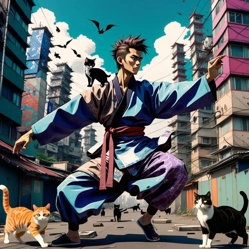 young man wearing patchwork noragi with messy slick back hair and surronded by cats by studio ghibli, acrobatic kung fu pose, cyberpunk city landscape , high definition, 4k