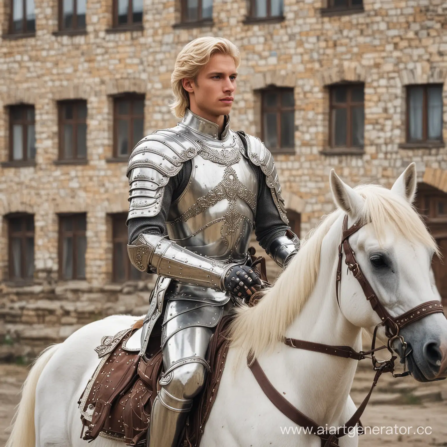 Handsome-Blond-Prince-Riding-White-Horse-in-Armor-through-Kansk-Krasnoyarsk-Krai