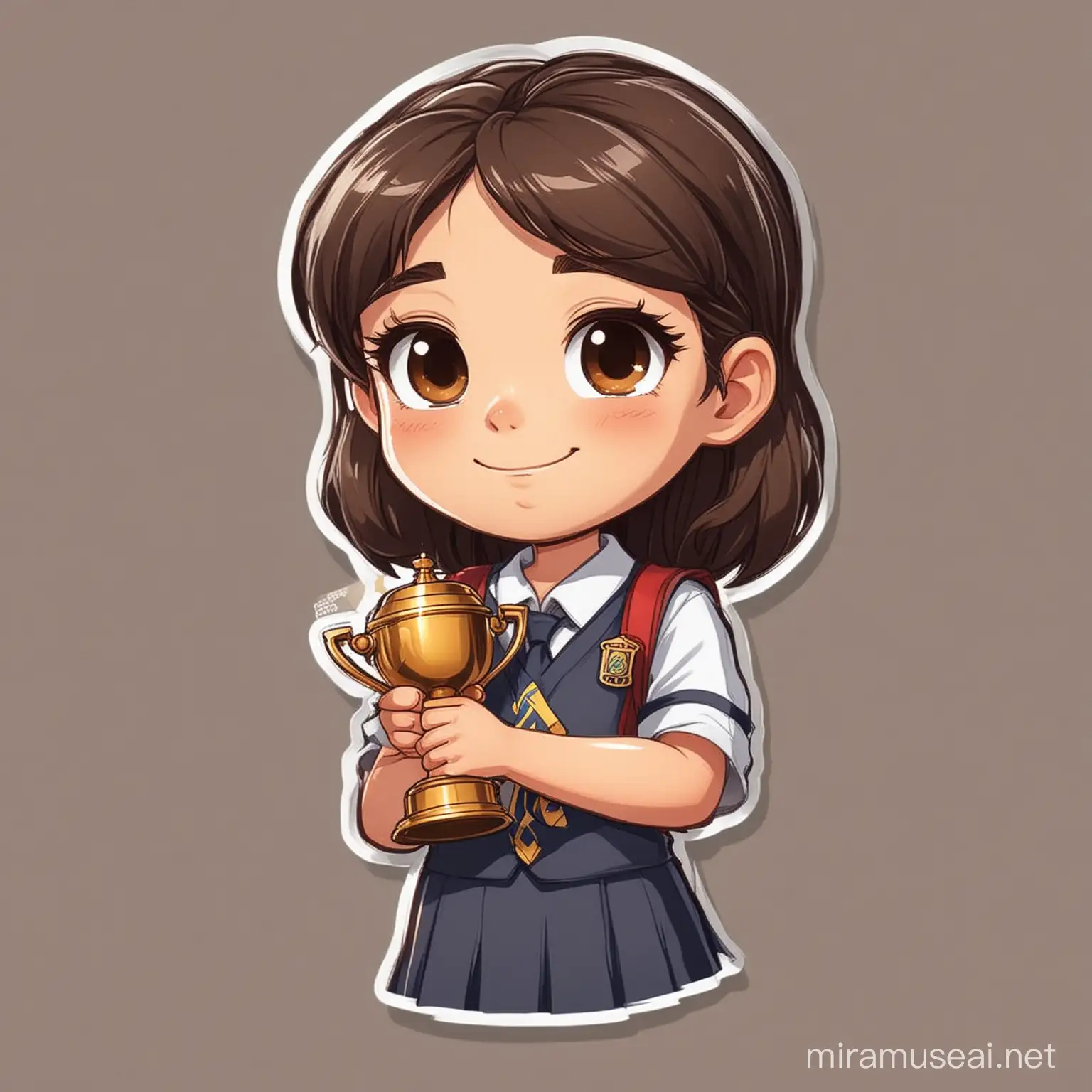 Schoolgirl Triumphantly Holding Trophy in Cartoon Sticker Style