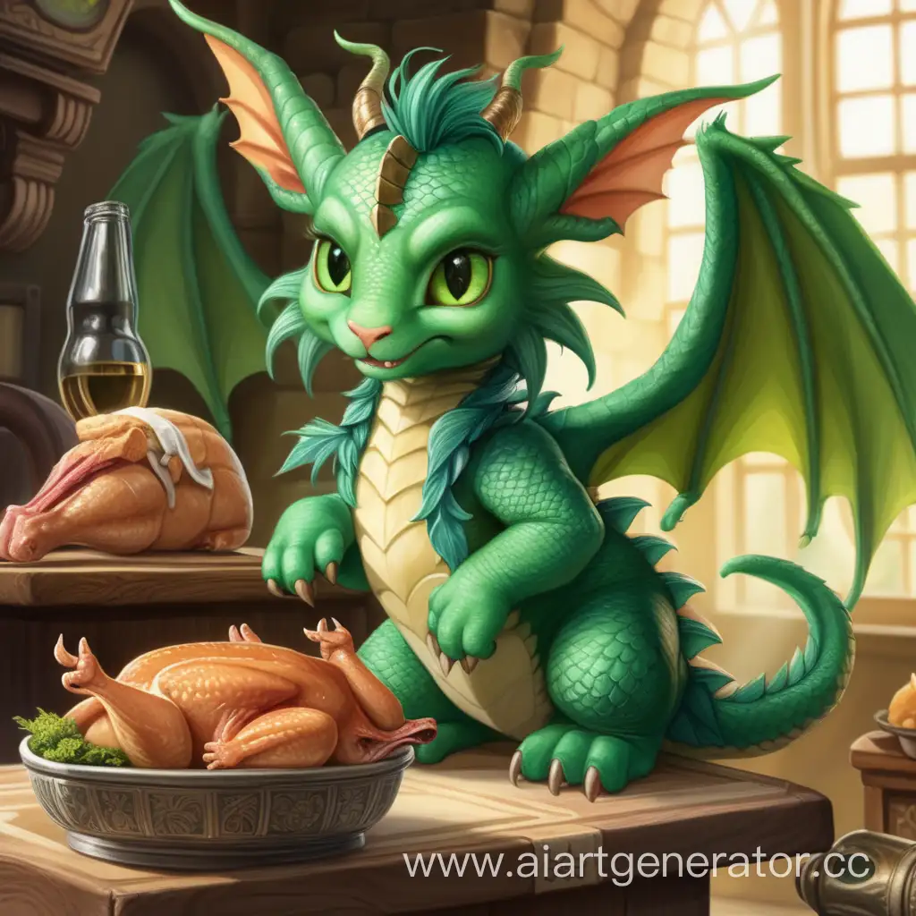 Зеленый дракон с мордой котика, с большими ушами и крыльями, любит смотреть телевизор и есть куриные ножки. 