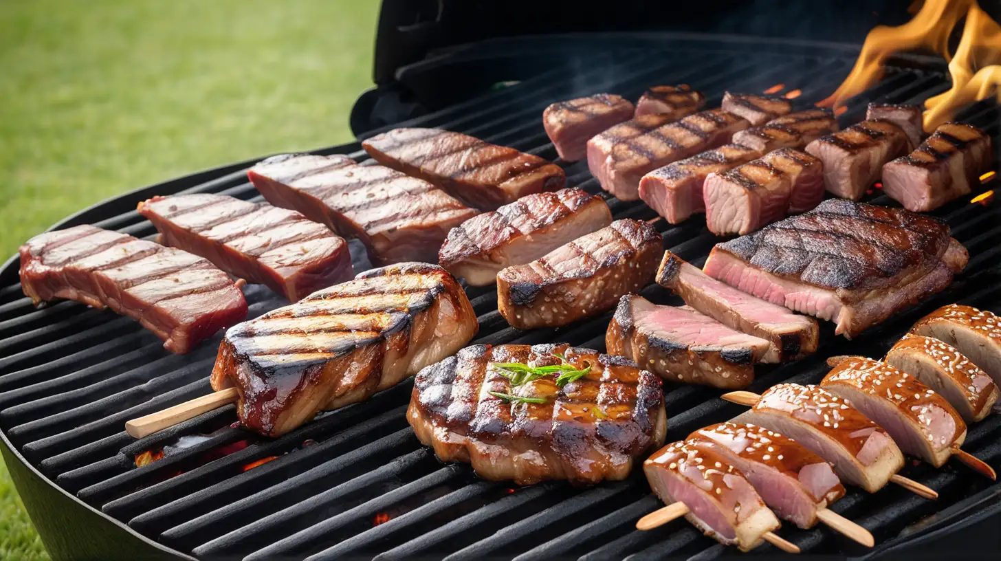 Showcase the array of meats cooking on the grill, from succulent ribs to juicy burgers, each one a tantalizing treat for the senses.