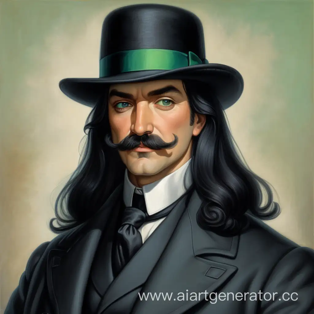 Мужчина в шляпе, с длинными черными волоспми, с усами, без бороды и без очков, не очень толстый, но и не худой, один глаз у него голубой, а другой зелёный, одет в чёрное элегантное пальто, богатый, умный. 