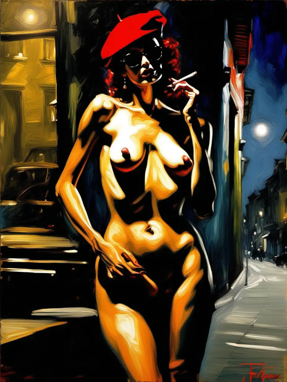 Naked Woman with Red Beret Smoking Cigarette in Night Scene