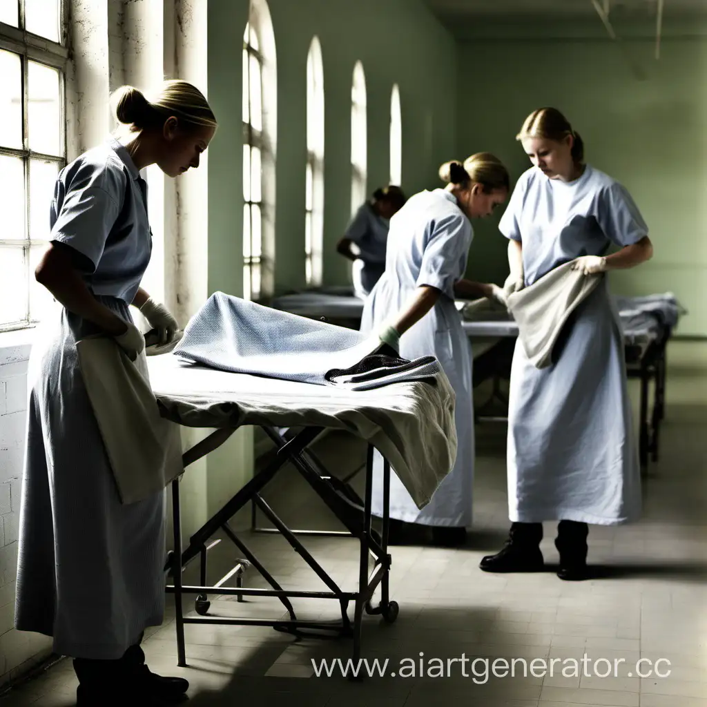 female caucasians prisoners ironing in a womens prison